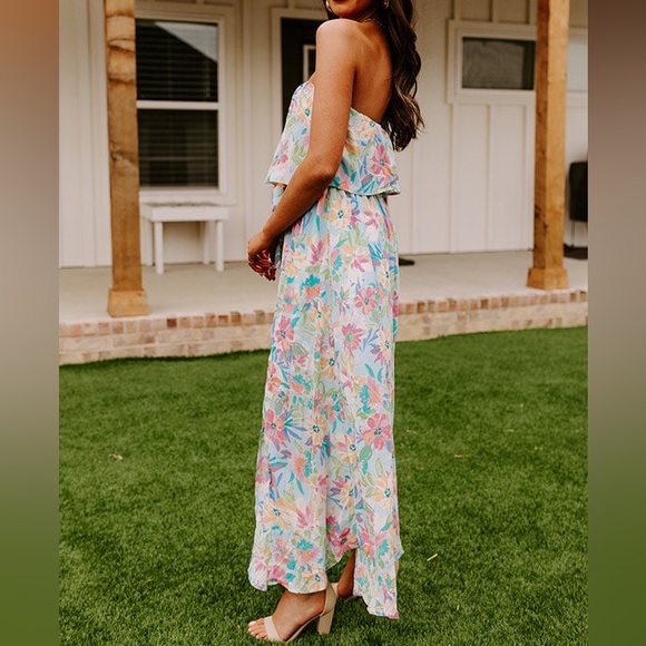 3/$25! NEW!! Emily Wonder Multi Floral Flounce Top Strapless Boutique Maxi Dress - Picture 6 of 9